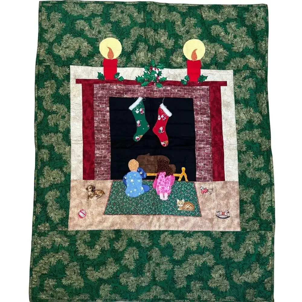 Hand & Machine Sewn Wall Hanging Quilt Christmas Stockings Fireplace 34x43